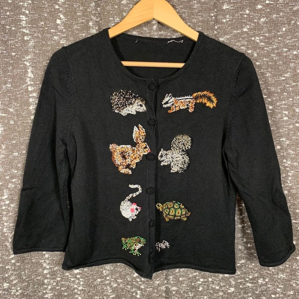 Vintage Beaded Animal Knit Cardigan Sweater Black Woodland Creatures Novelty